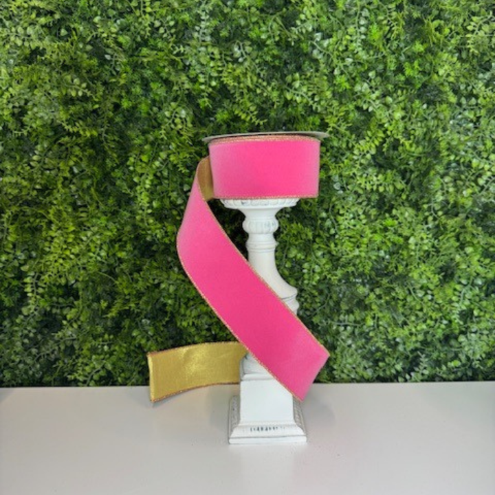 Exclusive Farrisilk 2.5" x 10 YD Bubblegum Pink and Gold Velveteen Wired Ribbon
