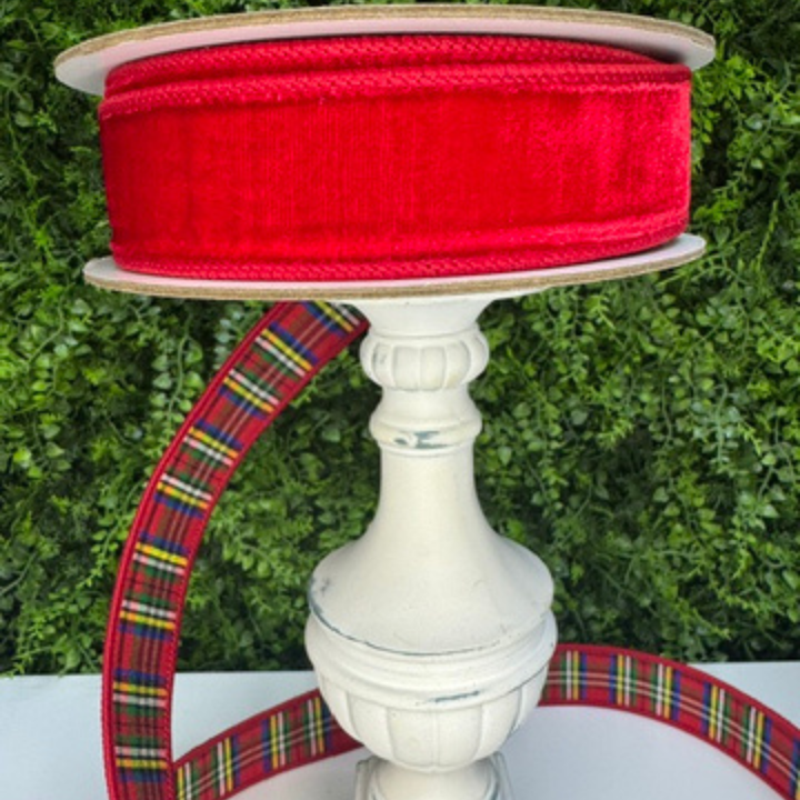 Farrisilk 1.5" X 10 YD Plaid Plush in Red, Green, Blue, White with Red Velvet Back Wired Ribbon