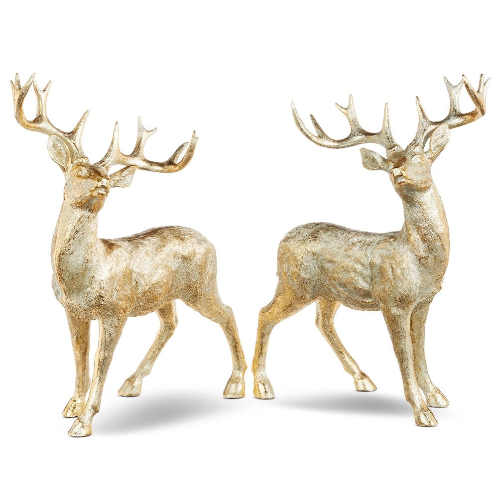 RAZ set of two antique gold resin standing deer with distressed metallic finish and detailed antlers, perfect for luxury Christmas décor, mantels, entryways and holiday displays.
