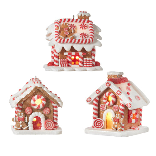 RAZ 3.25" Lighted Gingerbread House Ornaments on timer- set of 3
