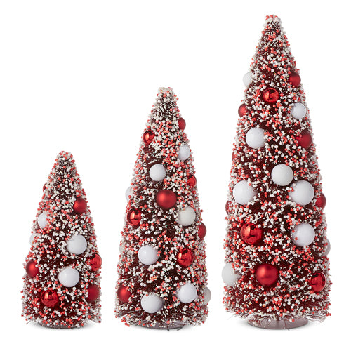 RAZ 15" Red and White Bottle Brush Trees with Ornaments - Set of 3