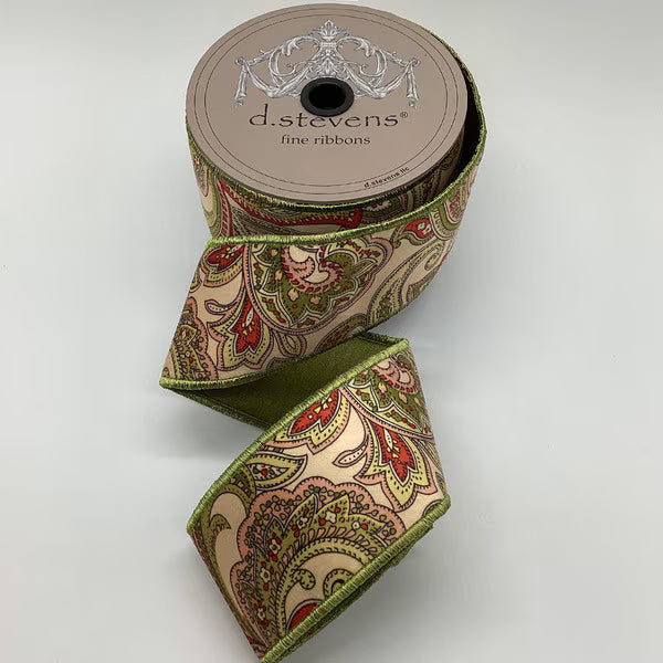 d. stevens 2.5" x 10 yd Green and Red Velour Antique Paisley with Green Dupion Back Wired Ribbon