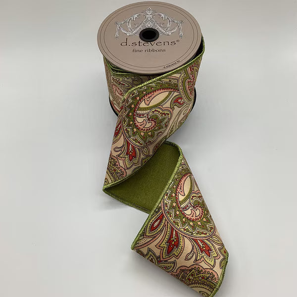 d. stevens 4" x 10 yd Green and Red Velour Antique Paisley with Green Dupion Back Wired Ribbon