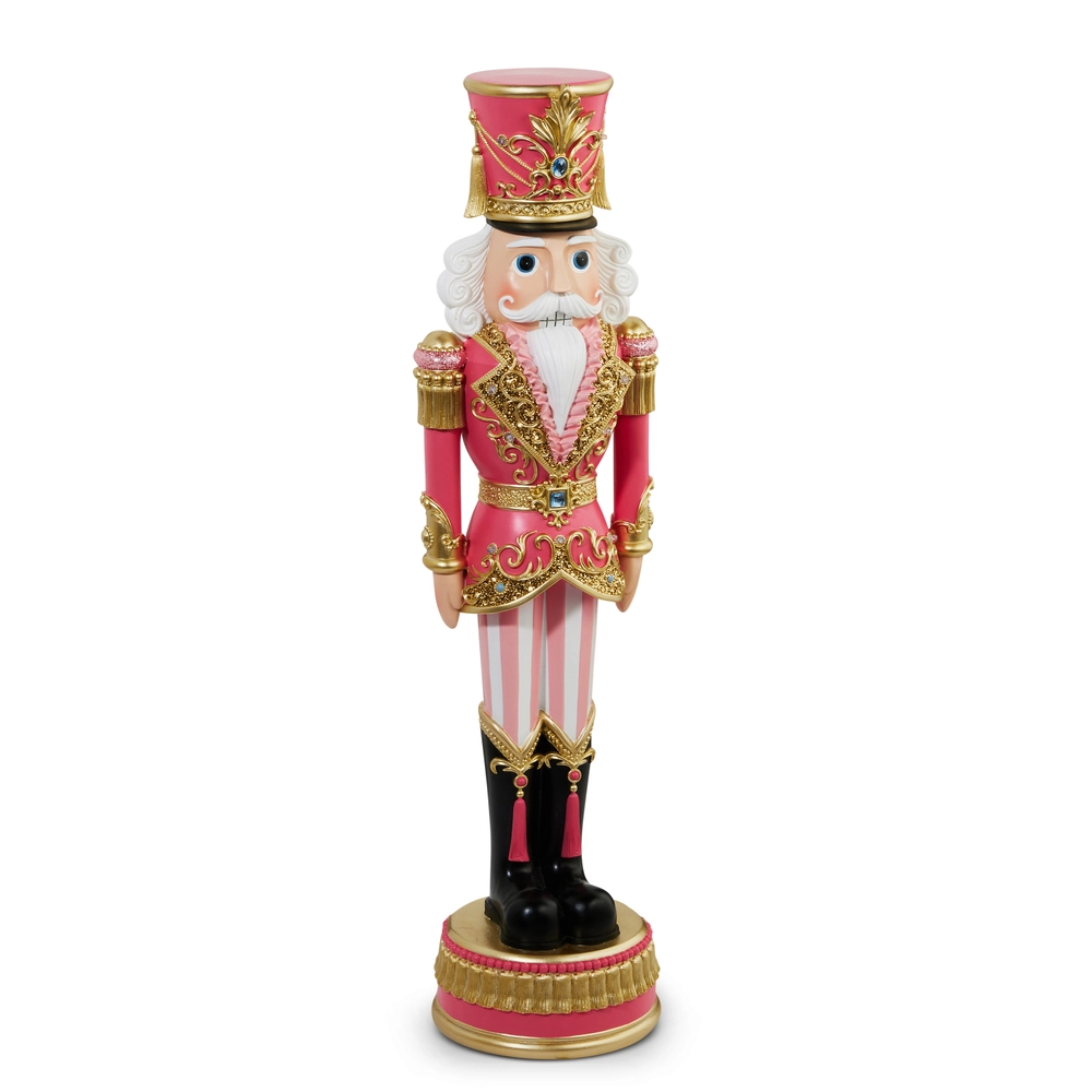 RAZ 36 inch lighted pink resin nutcracker with built-in LED lights, perfect for Christmas entryways, mantels, holiday displays and luxury Christmas décor.