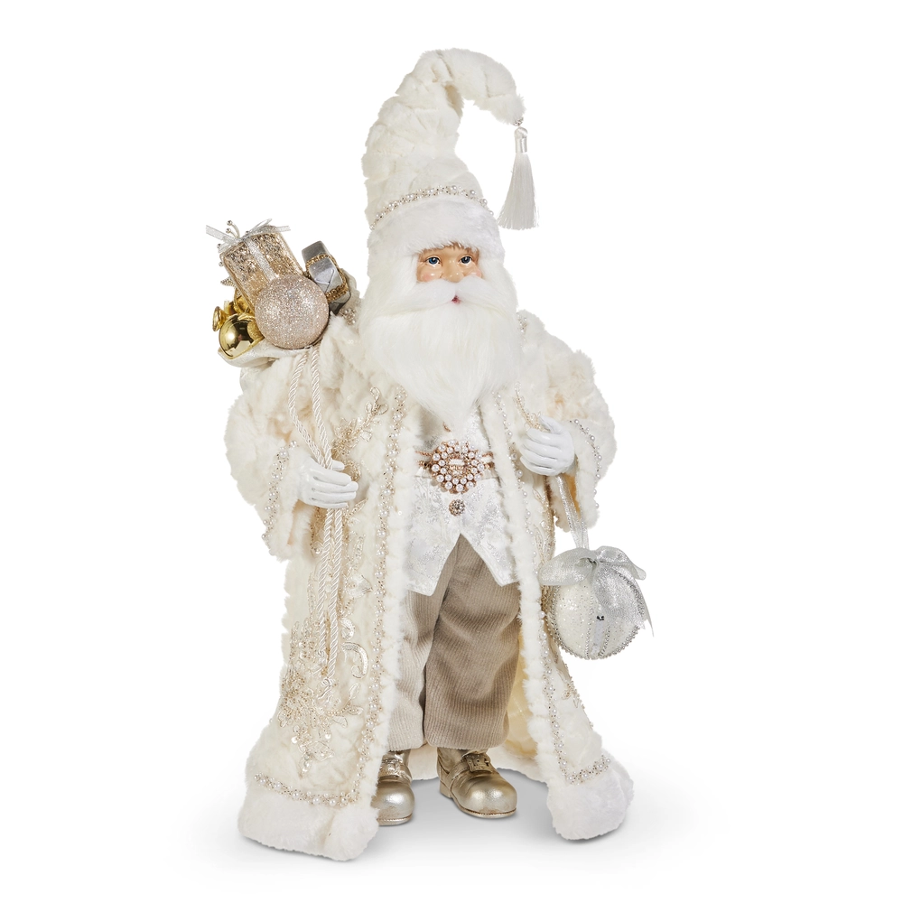 RAZ 22 inch Father Christmas figure wearing a luxurious white faux fur coat with silver and gold accents, carrying gifts and a sparkling ornament, perfect for elegant Christmas decorating.