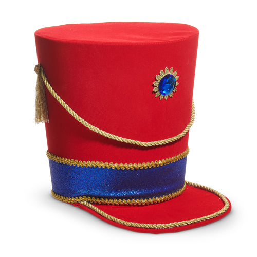 RAZ 11.5 inch red Nutcracker hat Christmas tree topper with a royal blue glitter brim, gold trim, jeweled embellishment and gold tassel, perfect for Nutcracker-themed Christmas trees, wreaths and festive holiday décor.