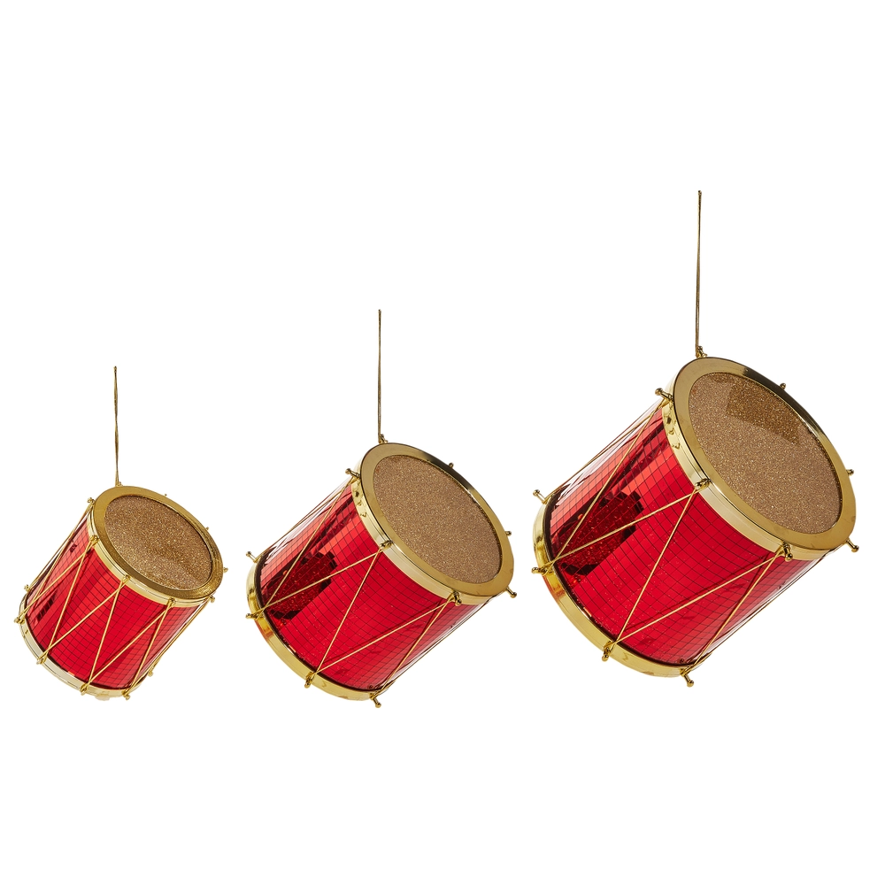 RAZ set of three red decorative Christmas drums in graduated sizes, perfect for mantels, tabletops, nutcracker displays and luxury holiday decorating.
