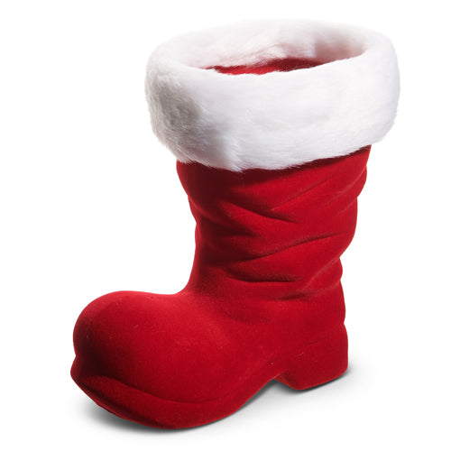 RAZ 10.5 inch red flocked Santa boot with white faux fur cuff, perfect for Christmas centerpieces, greenery arrangements, designer holiday décor and festive photo props.