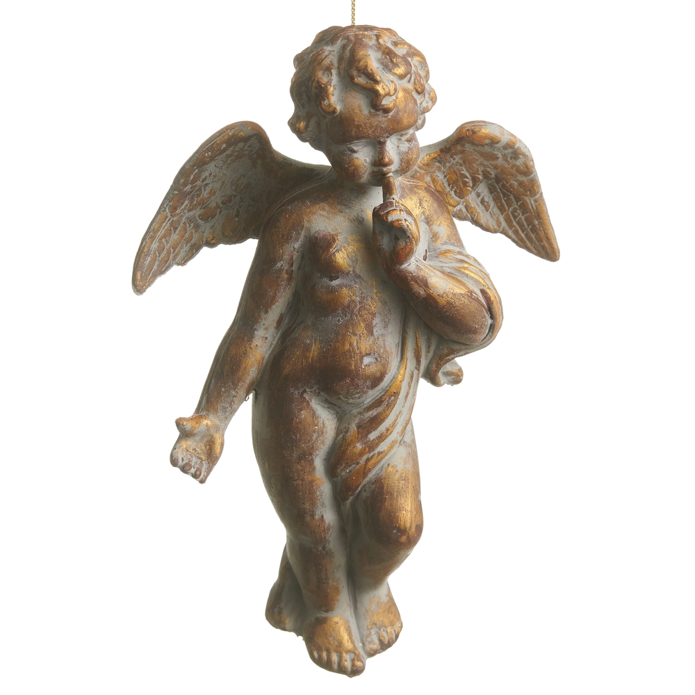10 inch antique gold angel ornament with distressed finish and detailed wings, perfect for designer Christmas trees, wreaths, garlands and elegant holiday décor.