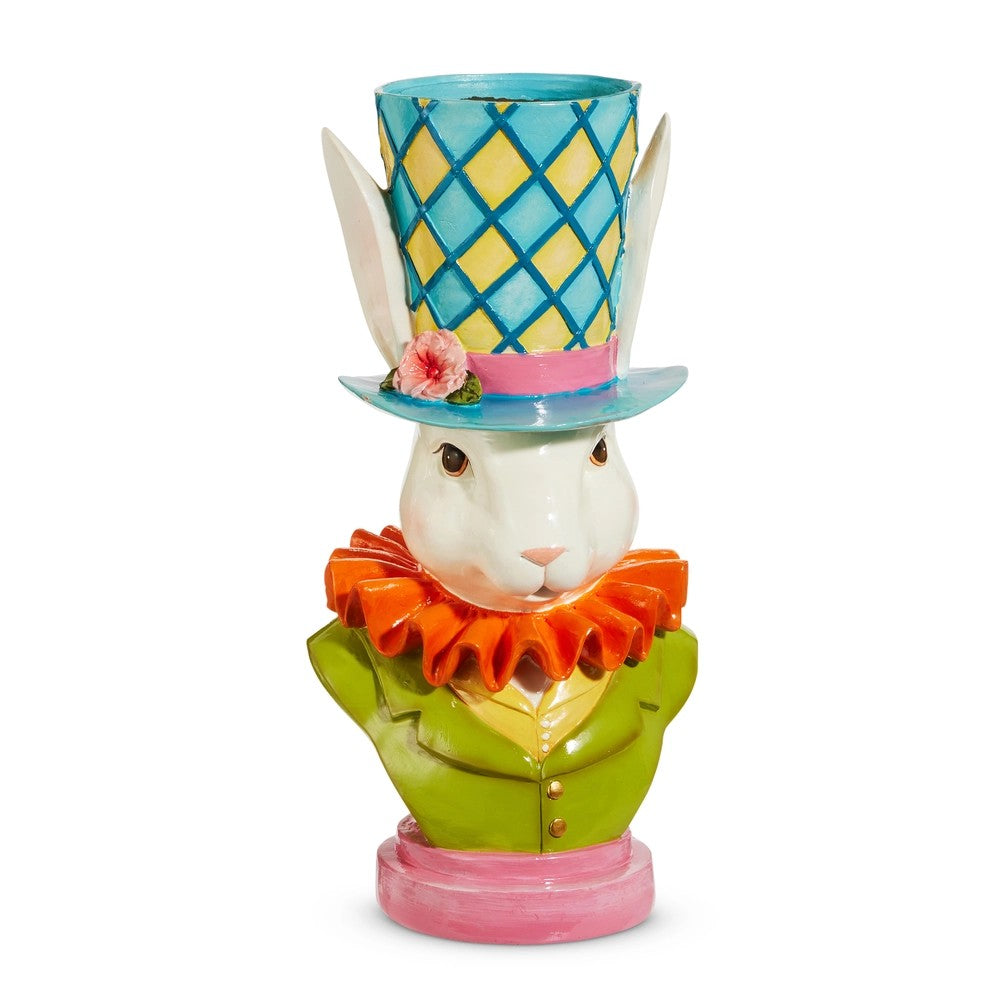 Decorative figurine of a rabbit wearing a colorful top hat on a white background
