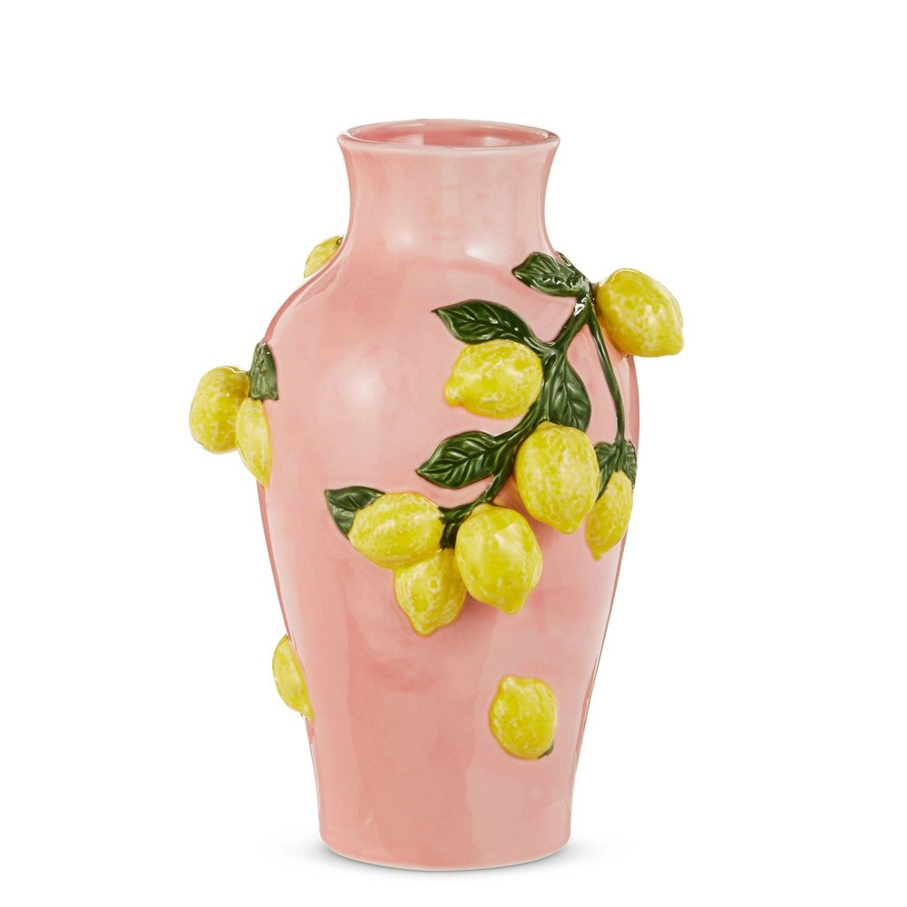 Pink vase with lemon design on a white background