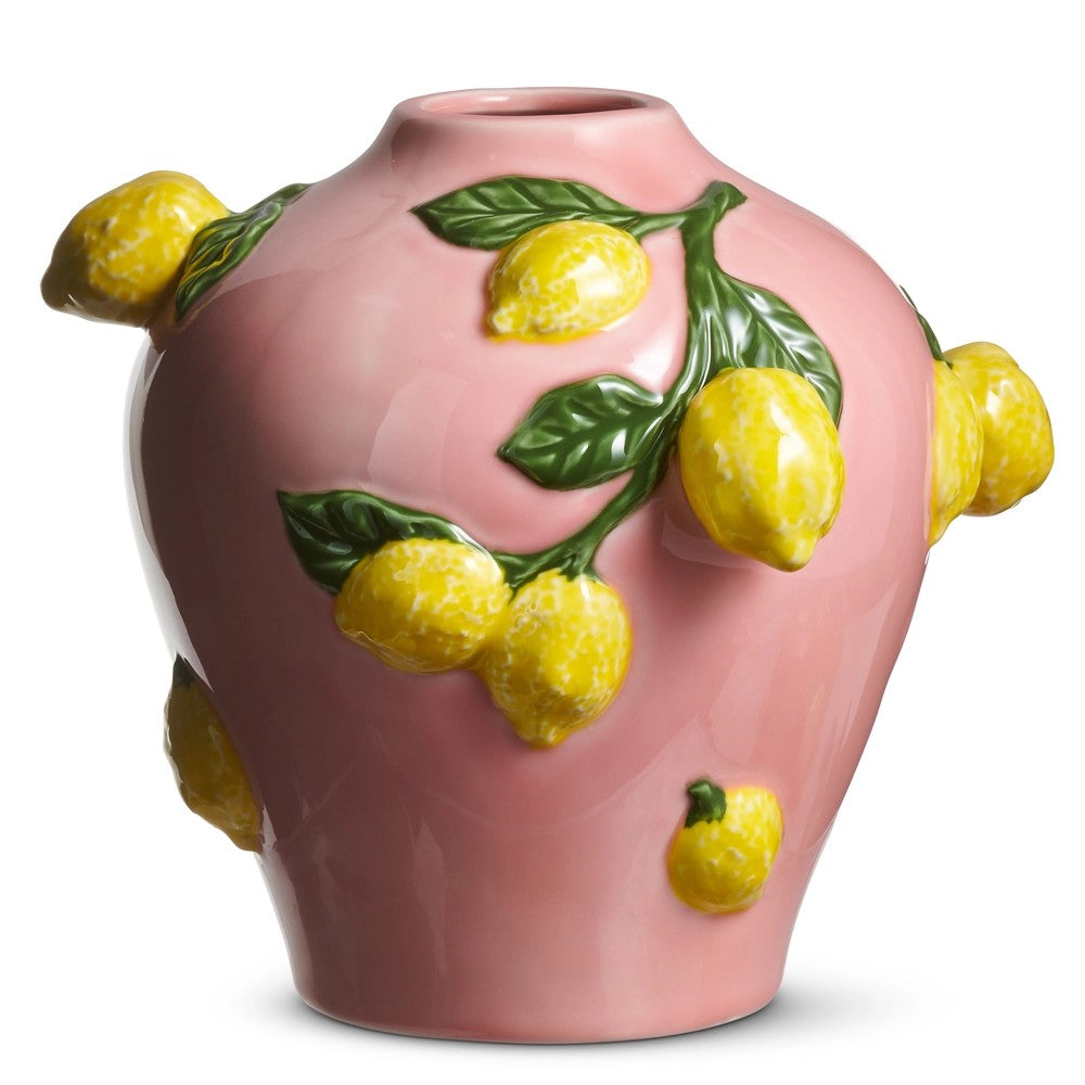 Pink ceramic vase with lemon decorations on a white background