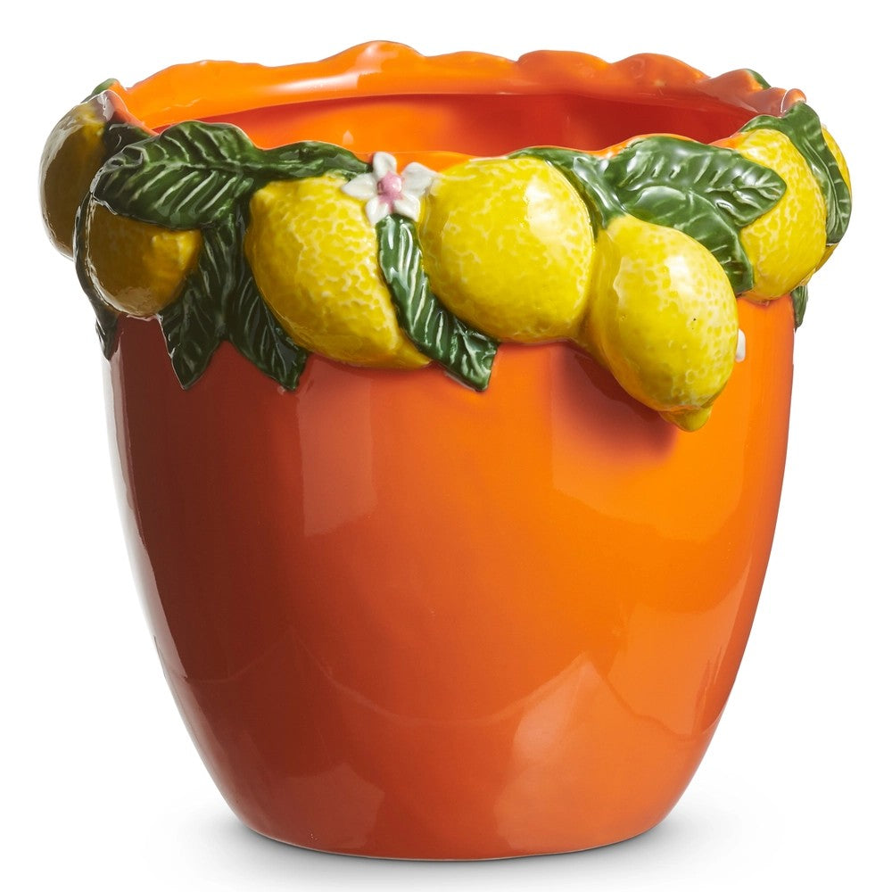 Orange container with lemon decorations on a white background