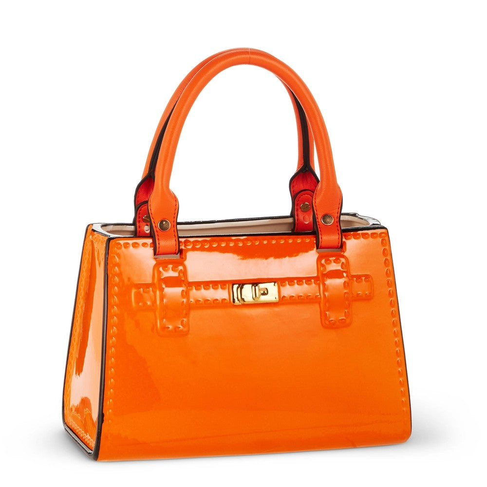 Orange handbag vae with a gold clasp on a white background