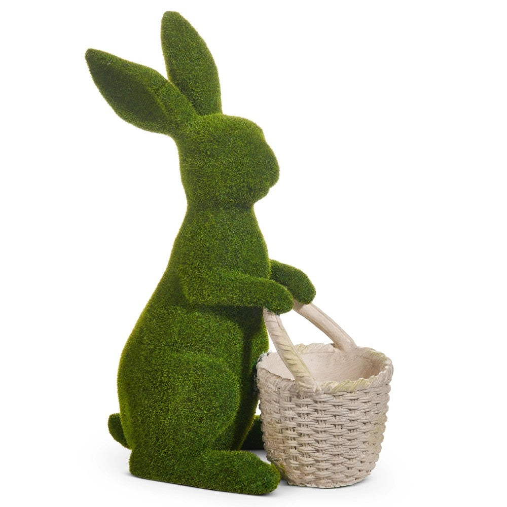 Green moss-like rabbit with a basket on a white background