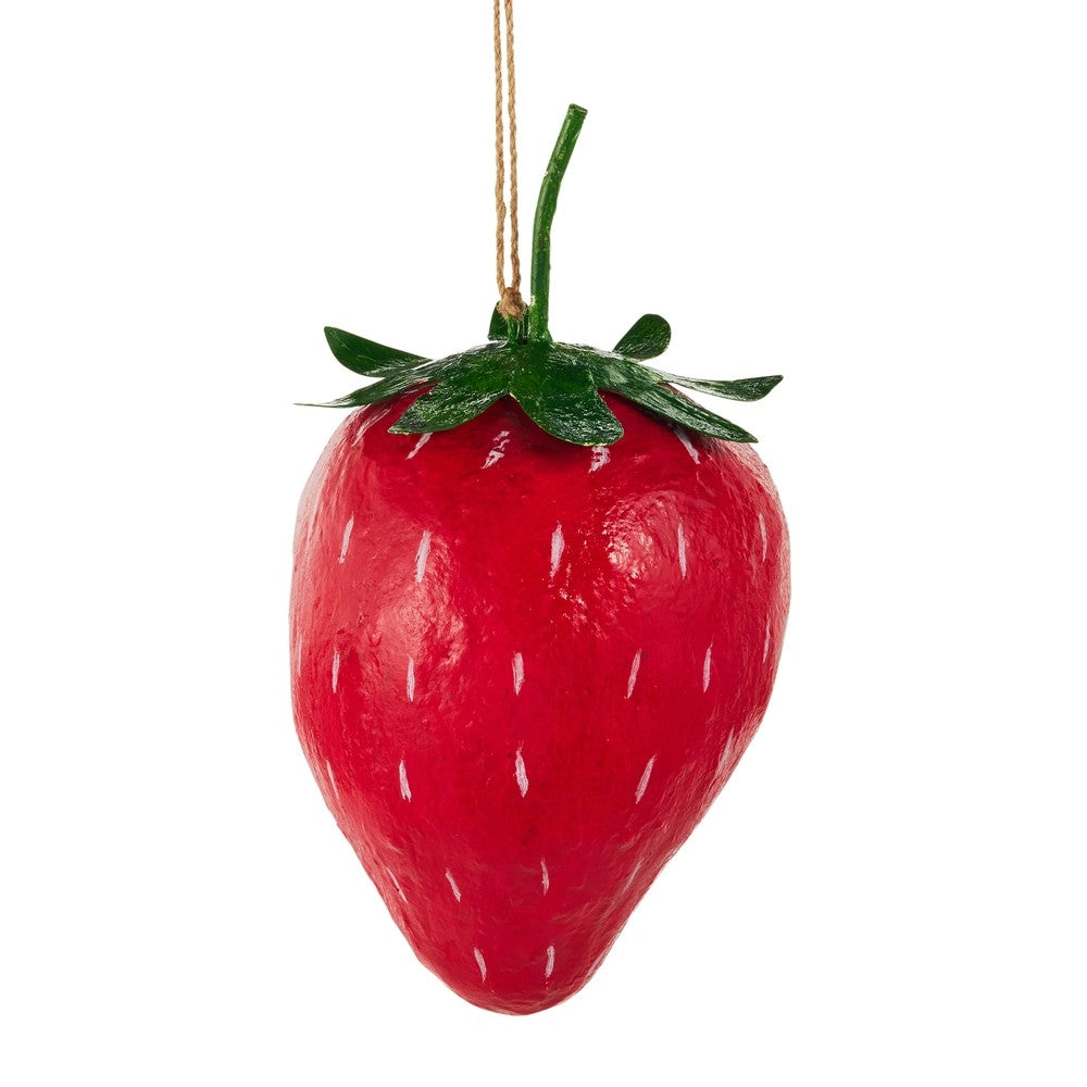 Red strawberry-shaped ornament hanging against a white background