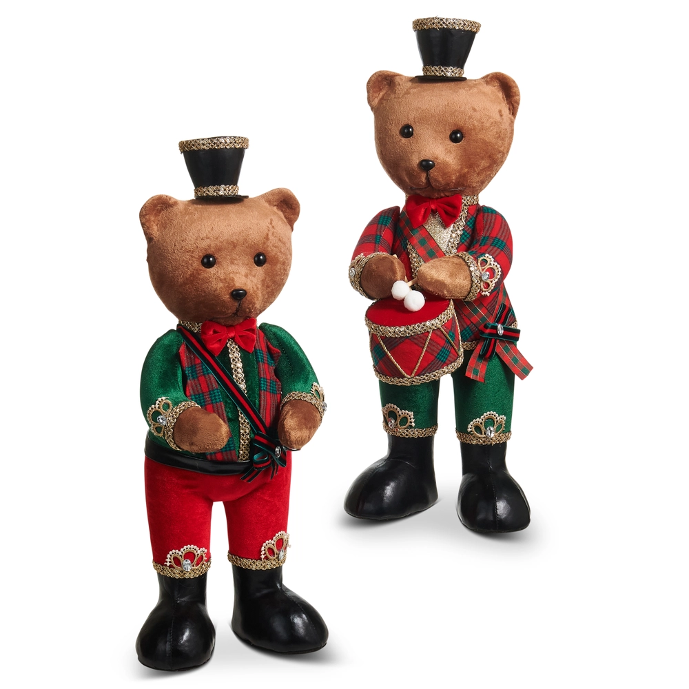 23.5 inch Christmas marching bears in red, emerald green and tartan plaid uniforms with black top hats and gold trim, choice of one.