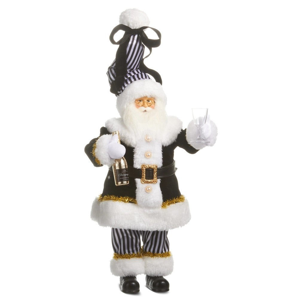 RAZ Exclusive 18 inch black and white Champagne Santa with faux fur trim, gold accents, champagne bottle and flute, perfect for elegant Christmas decorating and holiday displays.