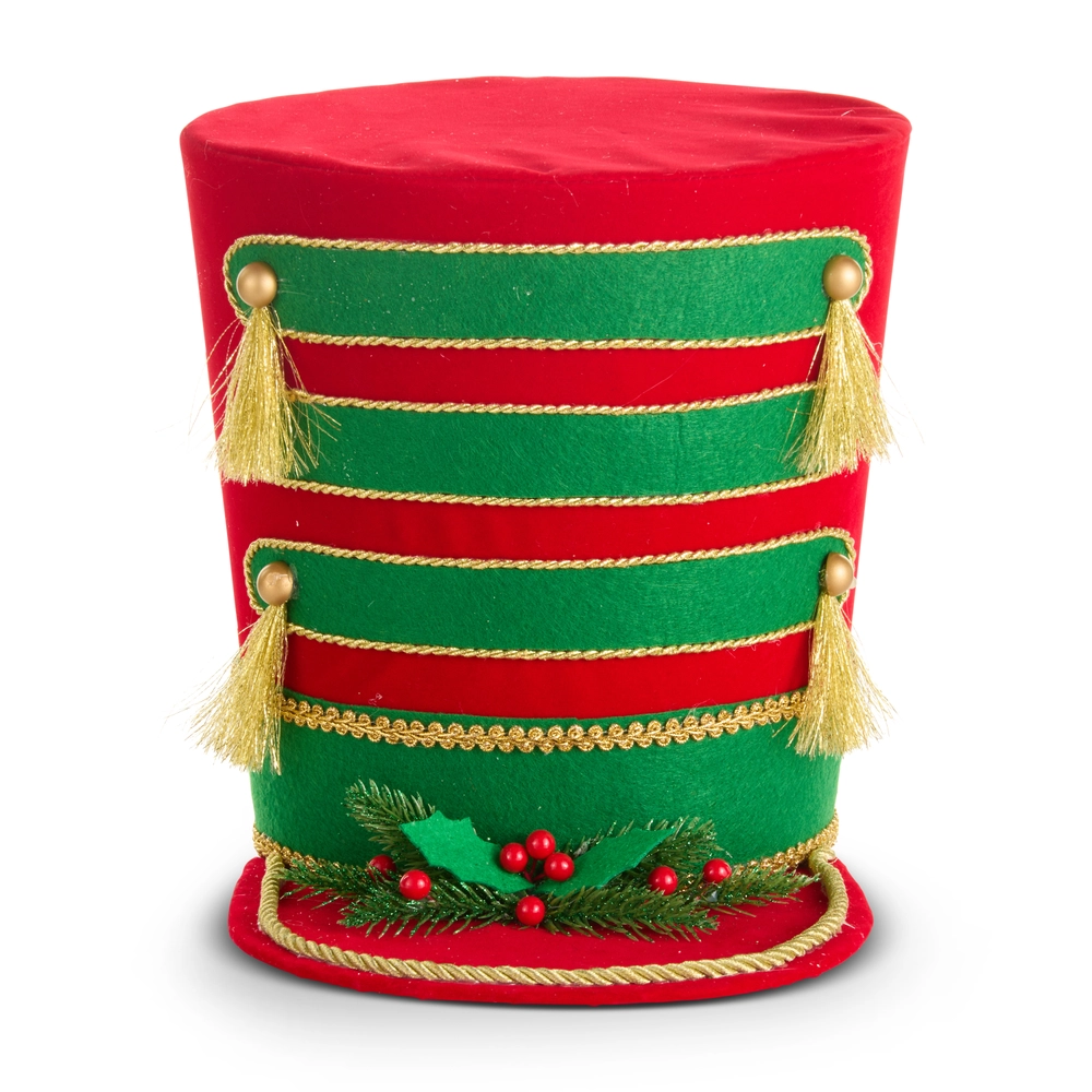 RAZ 10.75 inch red and green Nutcracker hat tree topper with gold trim and tassels, perfect for Christmas trees, oversized wreaths, garlands and festive holiday décor.