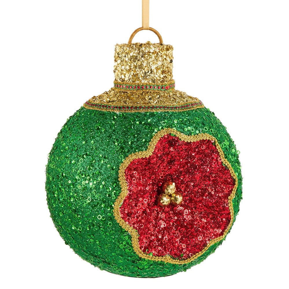 RAZ 14 inch oversized red, green and gold sequined Christmas ornament, perfect for designer Christmas trees, wreaths, garlands and luxury holiday displays.