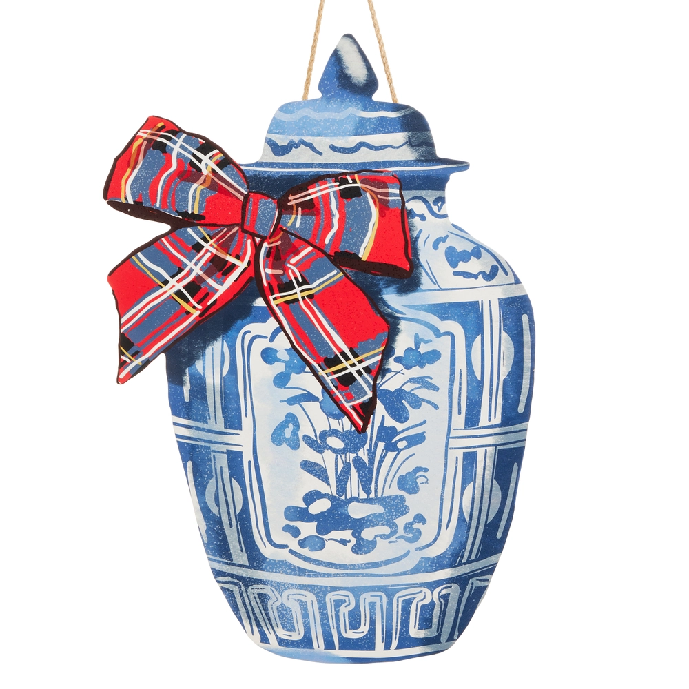 RAZ 19.5 inch blue and white chinoiserie ginger jar wall hanging with red plaid bow, perfect for oversized wreath attachments, front doors and luxury Christmas décor.