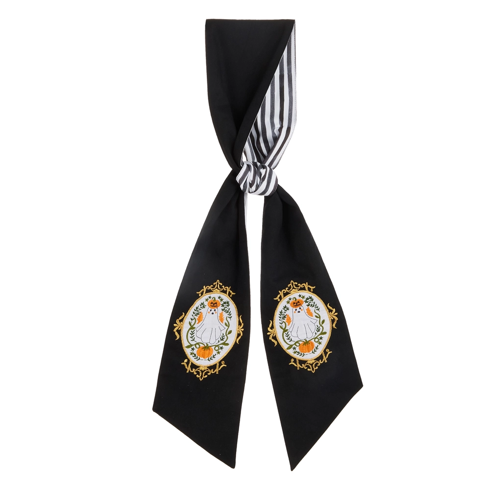 60 inch A Sweet Haunting reversible Halloween wreath sash in black with embroidered ghost and pumpkin medallions and black-and-white striped reverse.