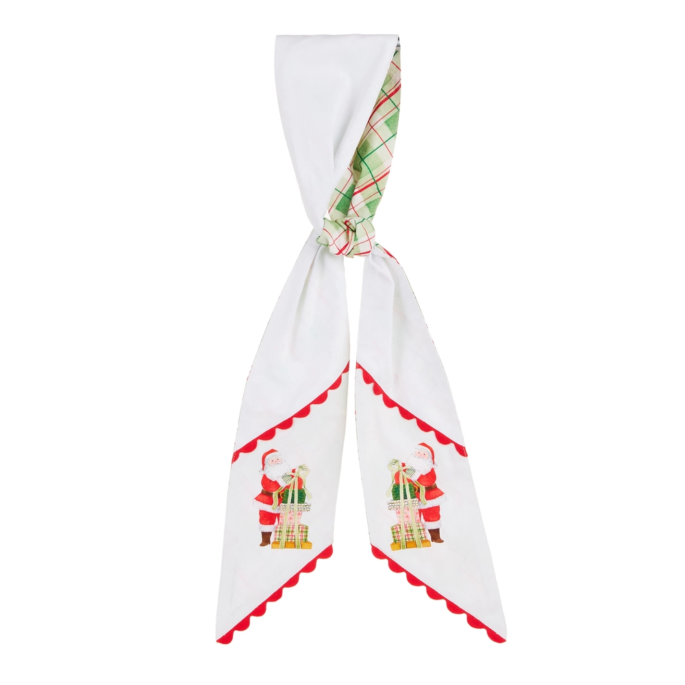 60 inch Magical Delivery reversible Christmas wreath sash with Santa and gifts, red scalloped trim and red and green plaid reverse.