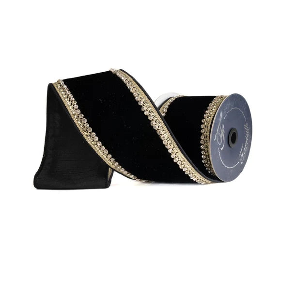 Farrisilk 4 inch Black Brilliant Diamonds wired ribbon with black velvet center and sparkling gold jeweled borders for bows, Christmas and Halloween décor.