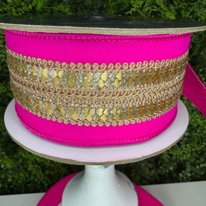 Farrisilk 2.5" x 10 YD Hot Pink Gilded Hearts Wired Ribbon