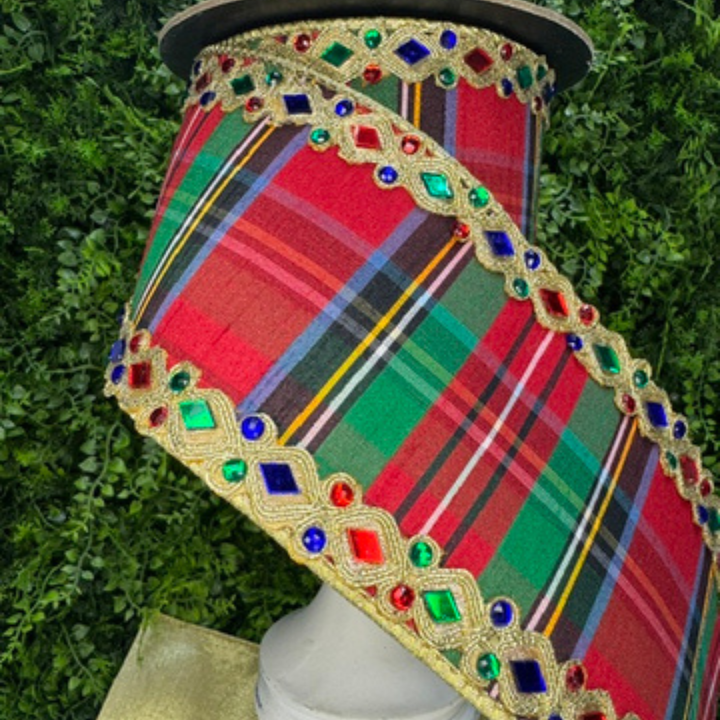 Vickerman 4" x 5 YD Multi Plaid with Jewel Trim and Champagne Gold Back Wired Ribbon