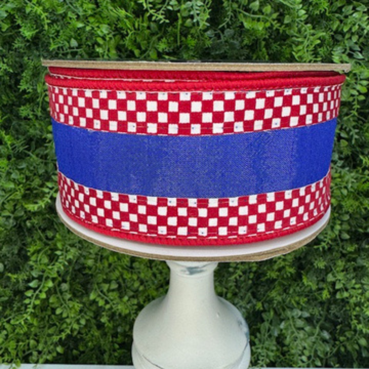 DC Exclusive Farrisilk 2.5" x 10 YD Red, White and Blue Patriotic Mini Checker Wired Ribbon