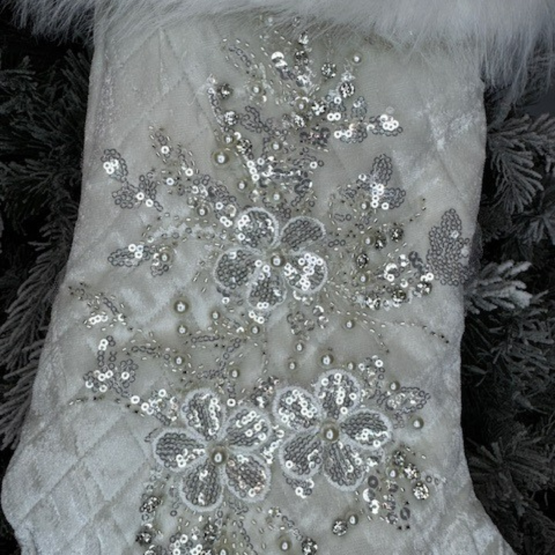 Direct Export 24.5" White Velvet Jewel Fur Stocking