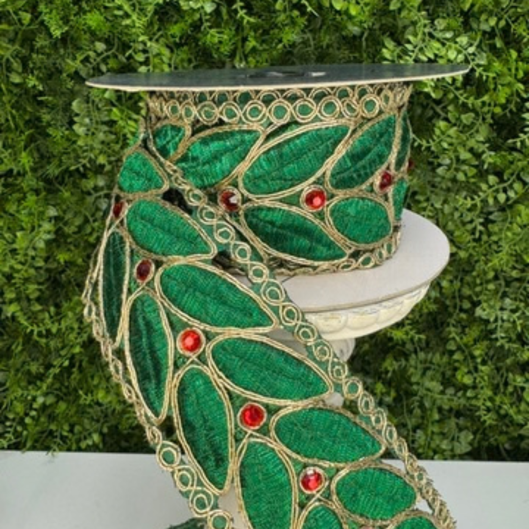 DC Exclusive Farrisilk 2.5 inch Laurel Leaf Lace wired ribbon featuring emerald green leaves, gold openwork lace and red jewel accents for luxury Christmas bows and wreaths.