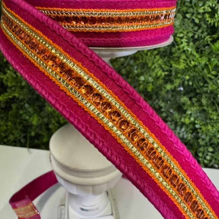 Farrisilk 1" X 10 YD Hot Pink and Orange Twinkle Trim Wired Ribbon