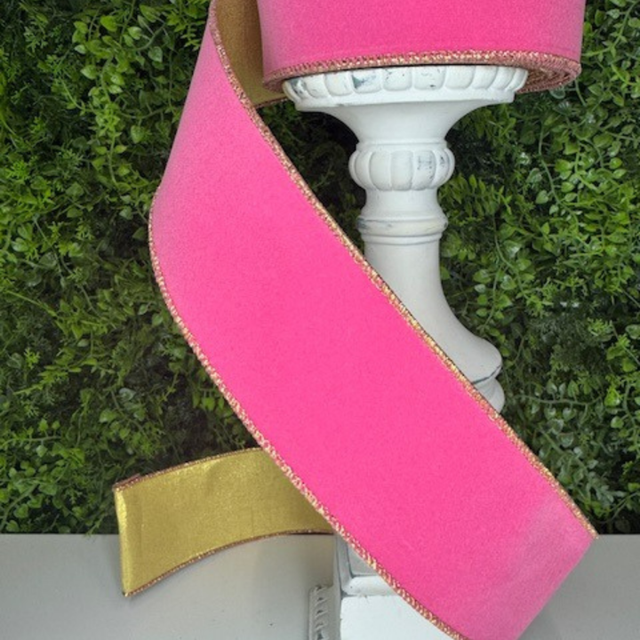 Exclusive Farrisilk 2.5" x 10 YD Bubblegum Pink and Gold Velveteen Wired Ribbon
