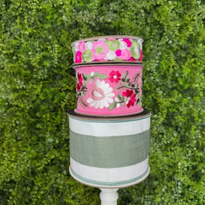 DC Exclusive Farrisilk 1" x 5 YD Rosewood Embroidered Wired Ribbon in Sage Green, Pink and White