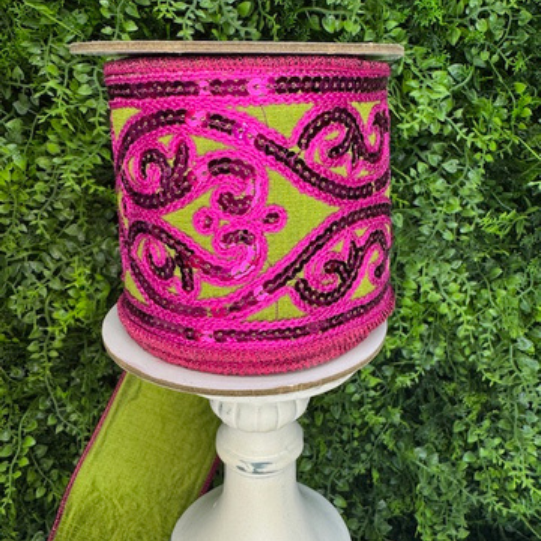 Designer Pink and Lime Green scroll embroidered wired ribbon with dequins on spool.