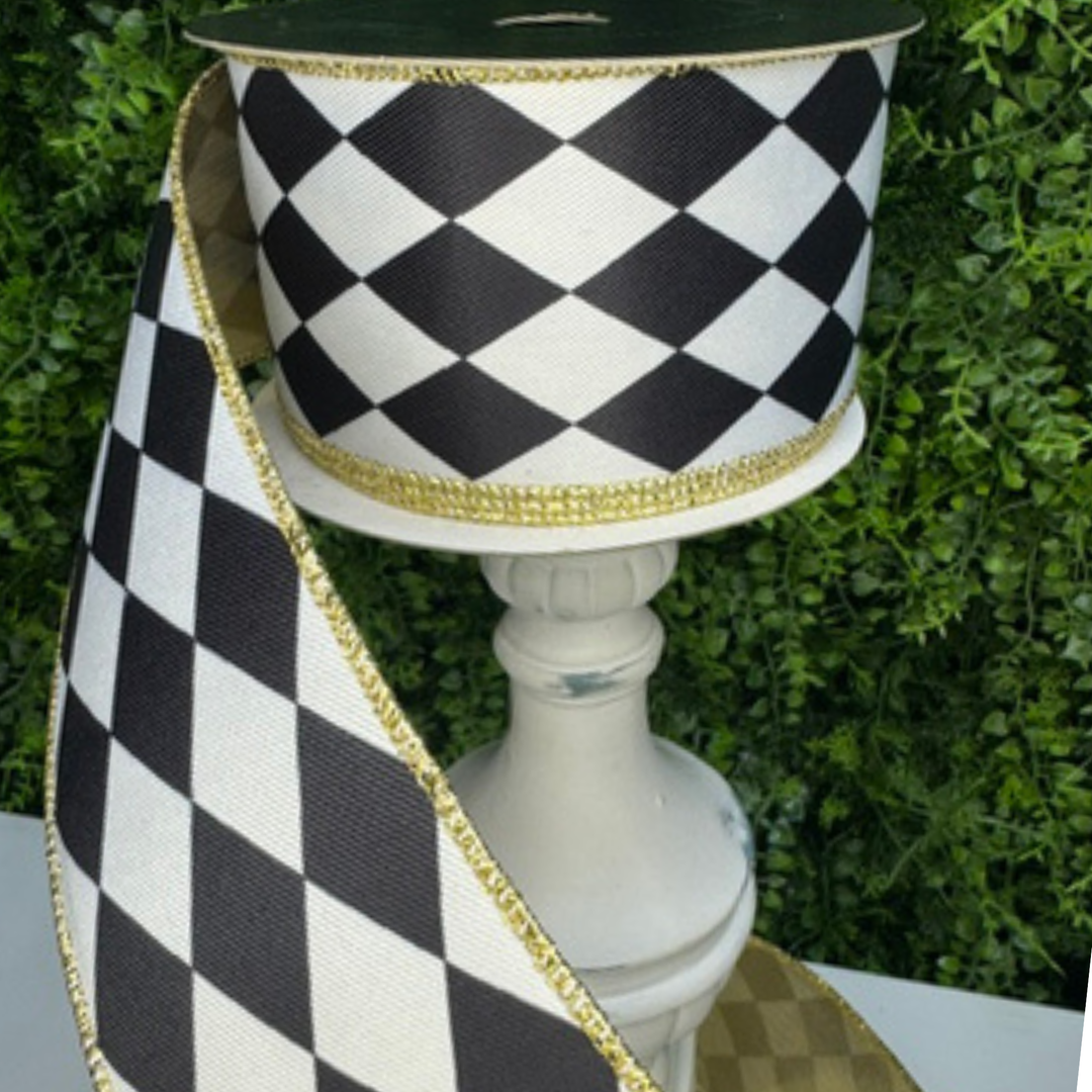 Farrisilk 2.5 inch x 10 yard black and white Harlequin wired ribbon with metallic gold back for designer bows, wreaths, Christmas and luxury décor.