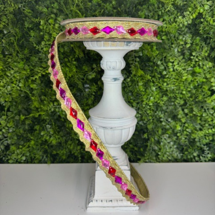 Farrisilk .75" X 5 YD Red Pink and Hot Pink Jester Jewels Wired Ribbon