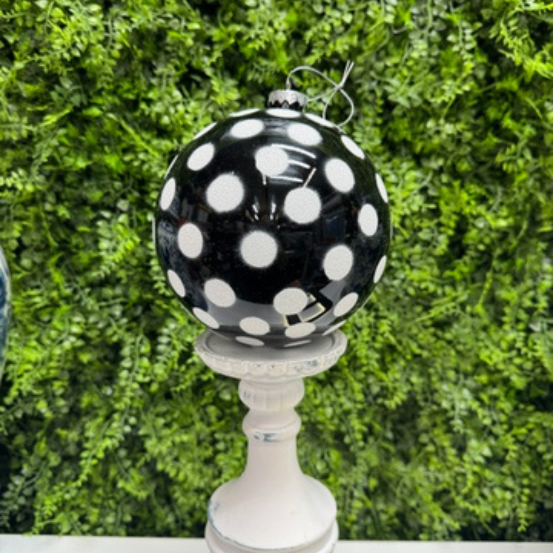 6" Plastic Black with White Glitter Dot Ornament