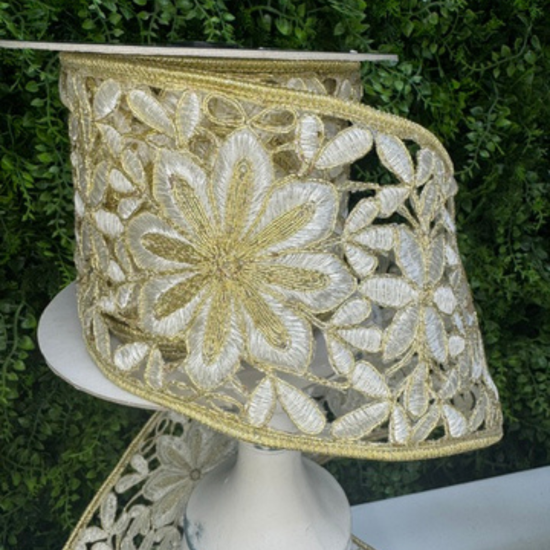 Farrisilk 4 inch Ivory and Gold Holiday Bloom Lace wired ribbon featuring embroidered ivory flowers, metallic gold accents and openwork floral detailing for luxury bows, wreaths and Christmas décor.