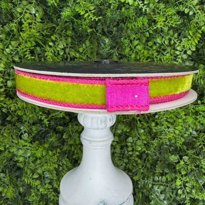Exclusive Farrisilk 1" x 10 YD Velvet Luster Wired Ribbon in Hot Pink and Lime Green