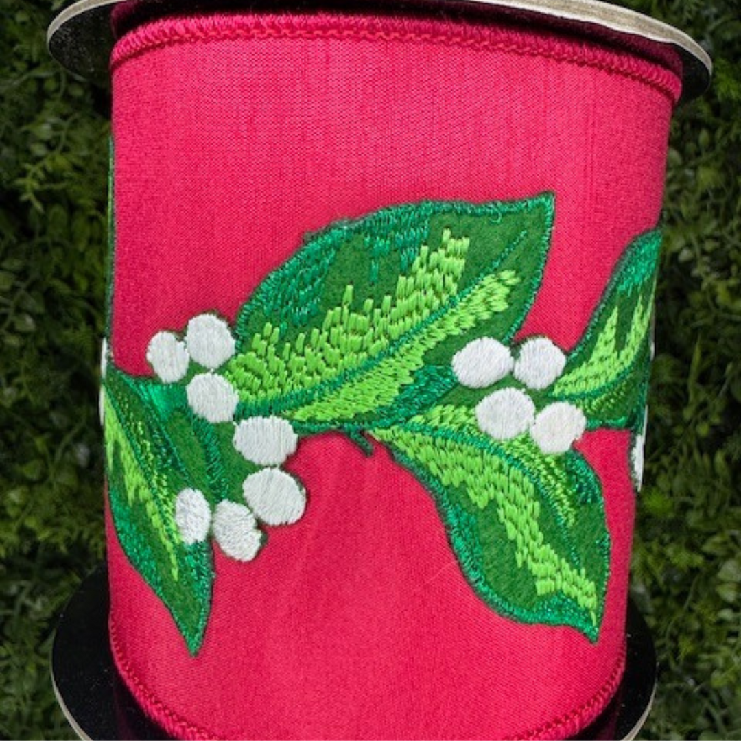 d. stevens 4" x 5 yd Red Dupion Embroidered Bay Leaf Wired Ribbon