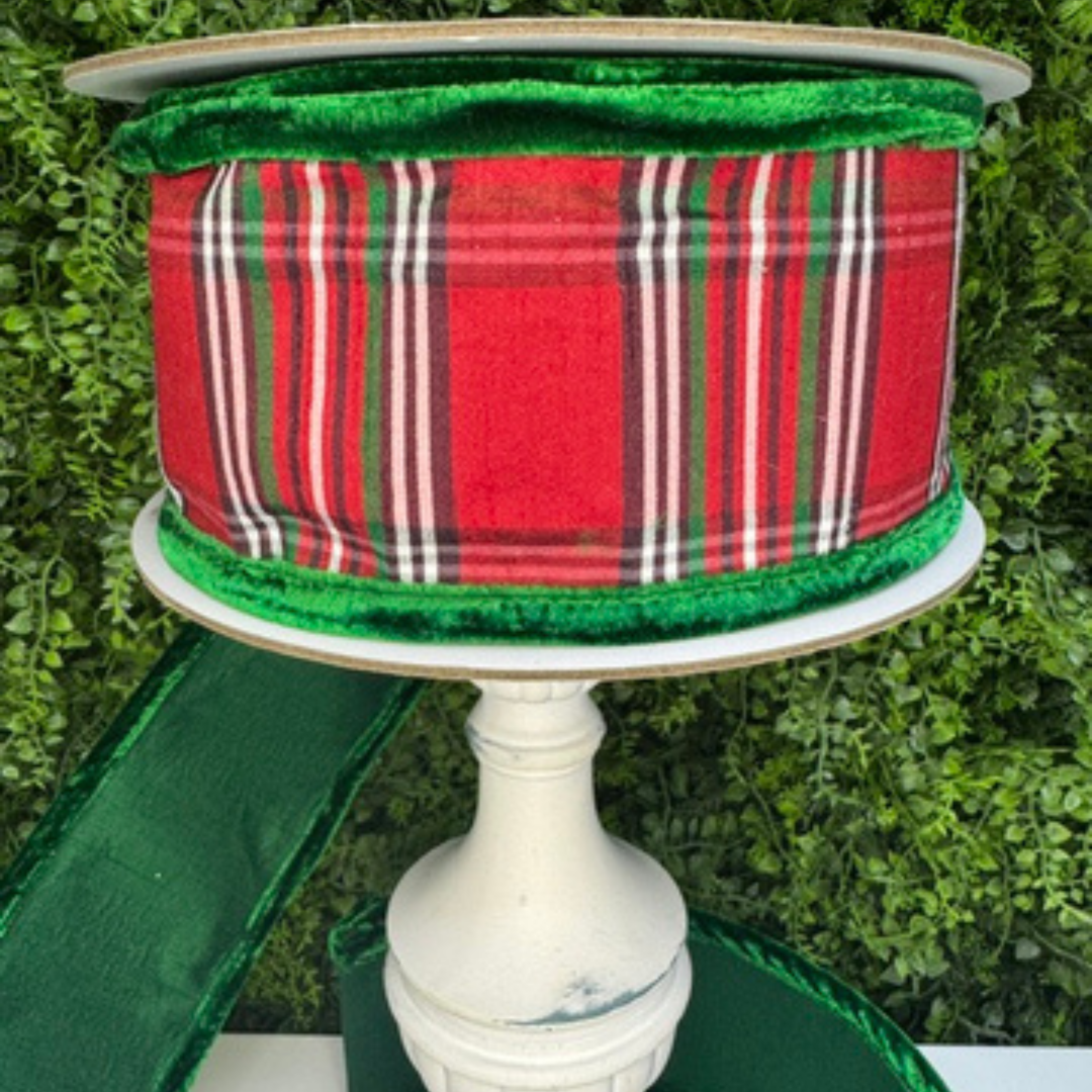 Farrisilk 4 inch Emerald Green Angsley Manor wired ribbon featuring red, green, black and ivory plaid, green velvet borders and coordinating green backing.
