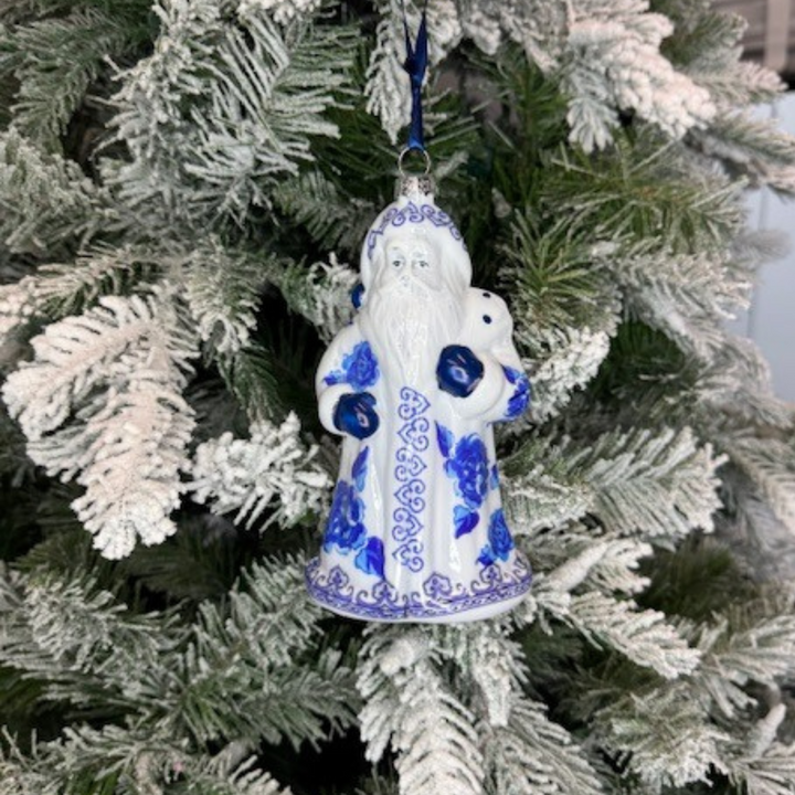 Direct Export 7" Blue and White Glass Santa Ornament