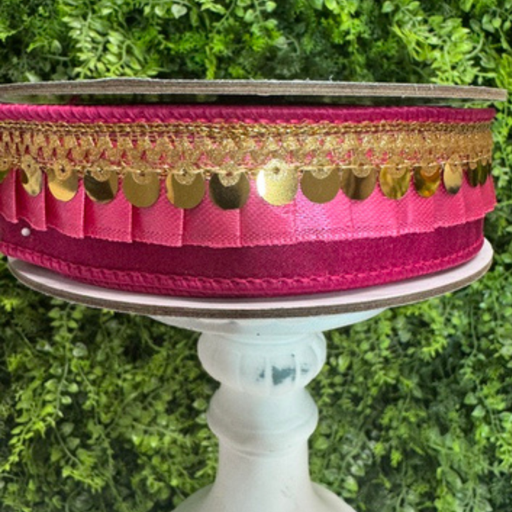 Farrisilk Hot Pink pleated wired ribbon with Gold sequin trim on spool, luxury deisgner ribbon for wrath bows, floral arrangements, gift wrapping and diy decorating projects.