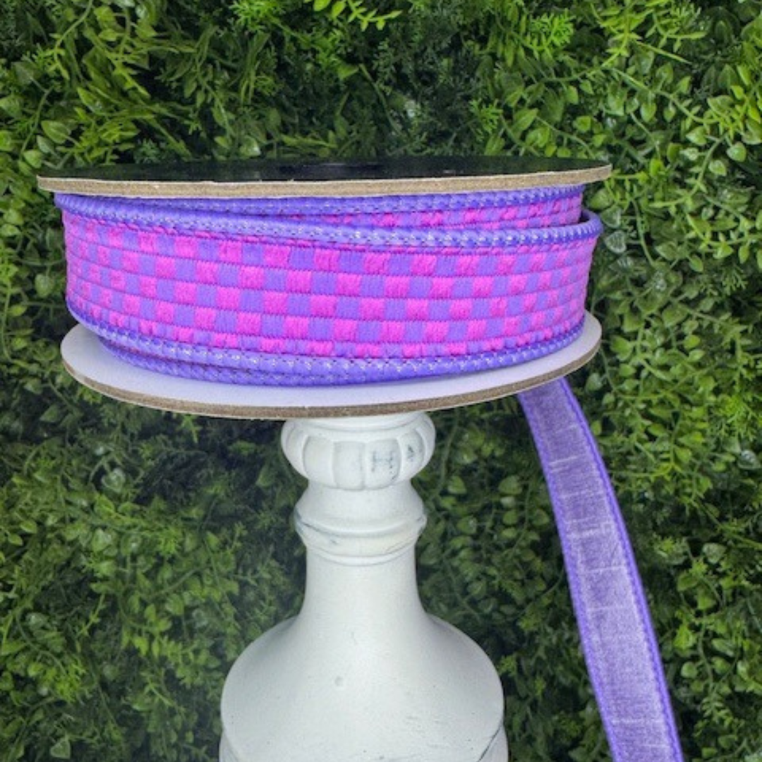 Exclusive Farrisilk 1" x 10 YD Pink and Lavender Kitschy Checks Wired Ribbon