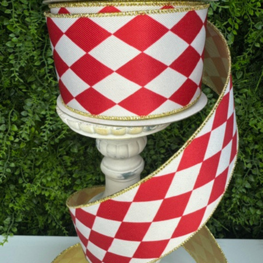 Farrisilk 2.5" x 10 YD Harlequin Red and White with Gold Back Wired Ribbon
