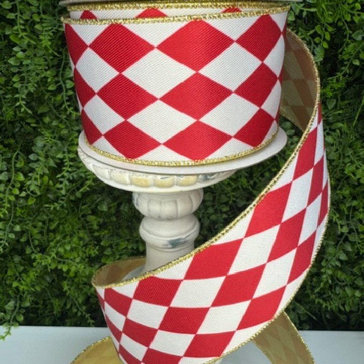 Farrisilk 2.5" x 10 YD Harlequin Red and White with Gold Back Wired Ribbon