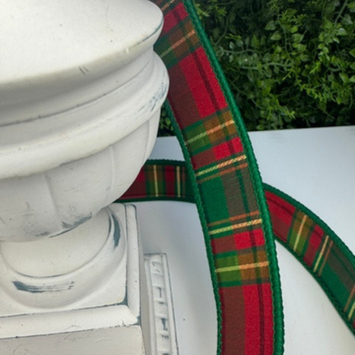 Farrisilk 1.5" X 10 YD Plaid Plush in Emerald Green, Red and Lime Green Wired Ribbon